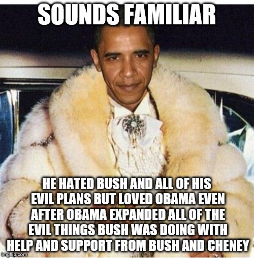 Pimp Daddy Obama | SOUNDS FAMILIAR HE HATED BUSH AND ALL OF HIS EVIL PLANS BUT LOVED OBAMA EVEN AFTER OBAMA EXPANDED ALL OF THE EVIL THINGS BUSH WAS DOING WITH | image tagged in pimp daddy obama | made w/ Imgflip meme maker