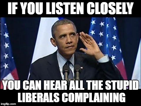 Obama No Listen Meme | IF YOU LISTEN CLOSELY; YOU CAN HEAR ALL THE STUPID LIBERALS COMPLAINING | image tagged in memes,obama no listen | made w/ Imgflip meme maker