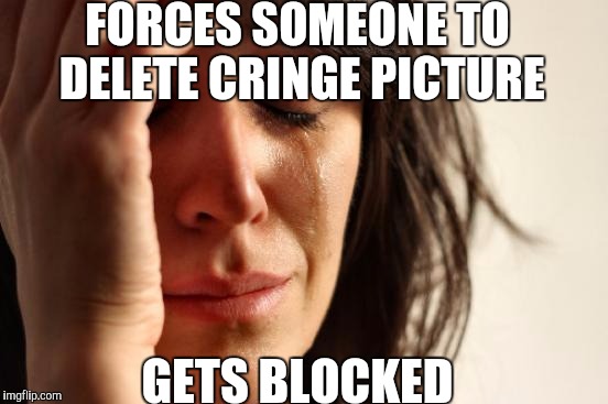 First World Problems | FORCES SOMEONE TO DELETE CRINGE PICTURE; GETS BLOCKED | image tagged in memes,first world problems | made w/ Imgflip meme maker