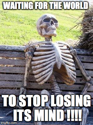 Waiting Skeleton | WAITING FOR THE WORLD; TO STOP LOSING ITS MIND !!!! | image tagged in memes,waiting skeleton | made w/ Imgflip meme maker