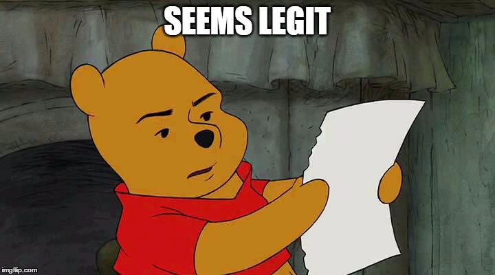 Pooh Reading | SEEMS LEGIT | image tagged in pooh reading | made w/ Imgflip meme maker