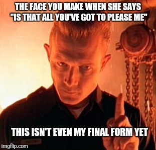 Magic word T-1000 | THE FACE YOU MAKE WHEN SHE SAYS "IS THAT ALL YOU'VE GOT TO PLEASE ME"; THIS ISN'T EVEN MY FINAL FORM YET | image tagged in magic word t-1000,memes,funny | made w/ Imgflip meme maker