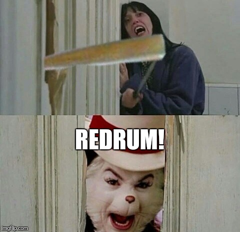 When you both have cabin fever during a long Winter.  | REDRUM! | image tagged in funny meme,cat in the hat,murder,winter | made w/ Imgflip meme maker