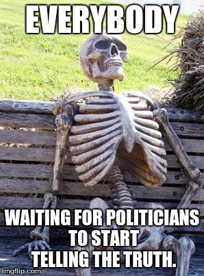 Waiting Skeleton | EVERYBODY; WAITING FOR POLITICIANS TO START TELLING THE TRUTH. | image tagged in memes,waiting skeleton | made w/ Imgflip meme maker