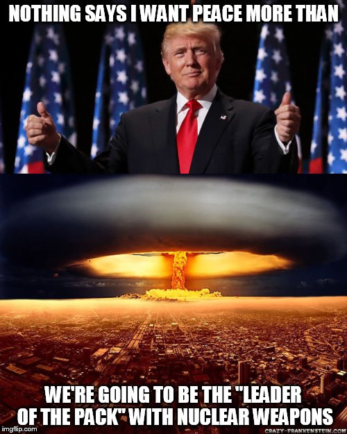 NOTHING SAYS I WANT PEACE MORE THAN; WE'RE GOING TO BE THE "LEADER OF THE PACK" WITH NUCLEAR WEAPONS | image tagged in nuclear power | made w/ Imgflip meme maker