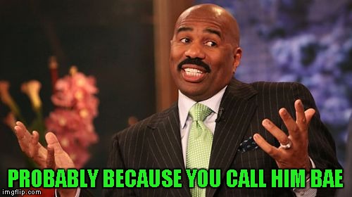 Steve Harvey Meme | PROBABLY BECAUSE YOU CALL HIM BAE | image tagged in memes,steve harvey | made w/ Imgflip meme maker