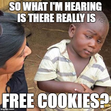 Third World Skeptical Kid Meme | SO WHAT I'M HEARING IS THERE REALLY IS FREE COOKIES? | image tagged in memes,third world skeptical kid | made w/ Imgflip meme maker