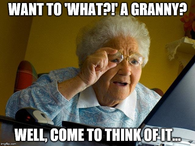Grandma Finds The Internet | WANT TO 'WHAT?!' A GRANNY? WELL, COME TO THINK OF IT... | image tagged in memes,grandma finds the internet | made w/ Imgflip meme maker