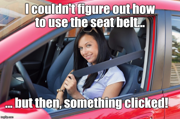 I should probably show a little more restraint with these memes.  | I couldn't figure out how to use the seat belt... ... but then, something clicked! | image tagged in seatbelt,puns,memes | made w/ Imgflip meme maker