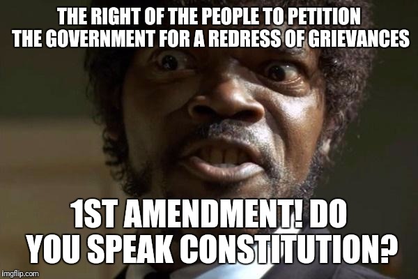 Pulp Fiction - Jules | THE RIGHT OF THE PEOPLE TO PETITION THE GOVERNMENT FOR A REDRESS OF GRIEVANCES; 1ST AMENDMENT! DO YOU SPEAK CONSTITUTION? | image tagged in pulp fiction - jules | made w/ Imgflip meme maker