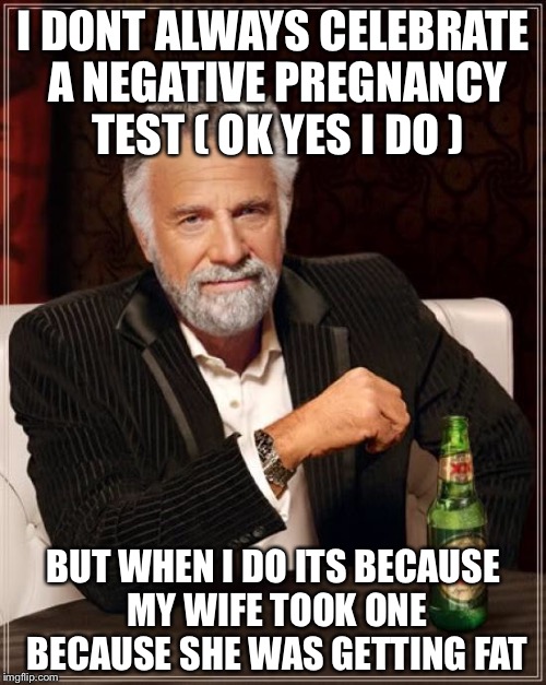 The Most Interesting Man In The World Meme | I DONT ALWAYS CELEBRATE A NEGATIVE PREGNANCY TEST ( OK YES I DO ) BUT WHEN I DO ITS BECAUSE MY WIFE TOOK ONE BECAUSE SHE WAS GETTING FAT | image tagged in memes,the most interesting man in the world | made w/ Imgflip meme maker