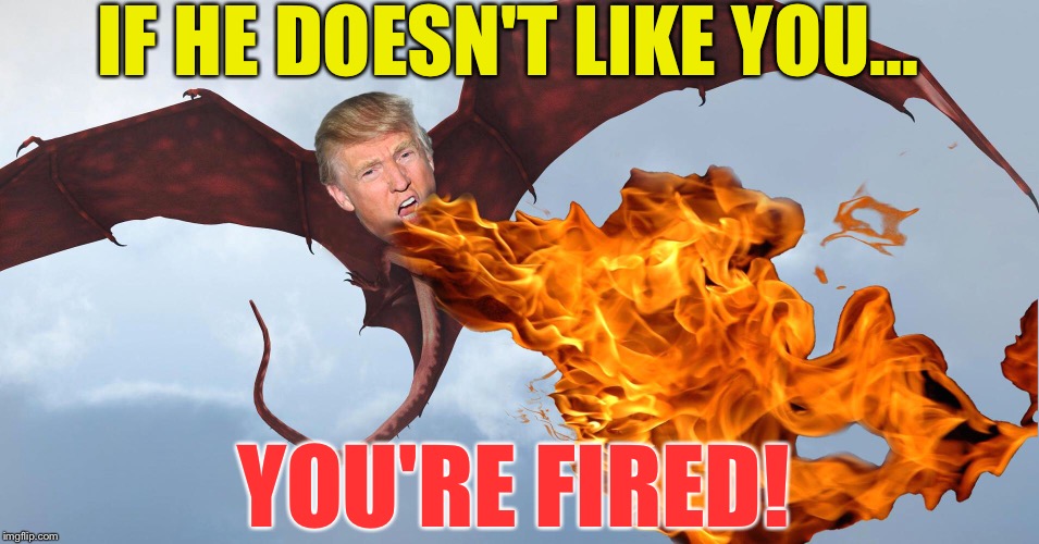 IF HE DOESN'T LIKE YOU... YOU'RE FIRED! | image tagged in memes,dragon trump | made w/ Imgflip meme maker