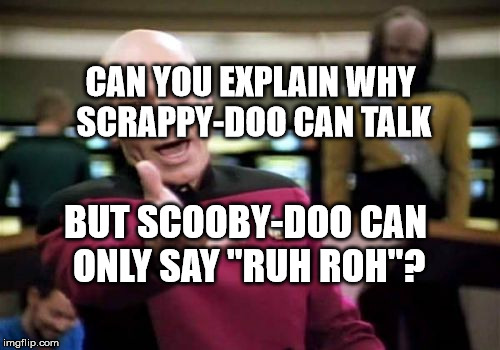 Picard Wtf Meme | CAN YOU EXPLAIN WHY SCRAPPY-DOO CAN TALK; BUT SCOOBY-DOO CAN ONLY SAY "RUH ROH"? | image tagged in memes,picard wtf | made w/ Imgflip meme maker