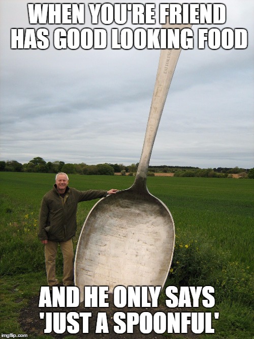 Big spoon | WHEN YOU'RE FRIEND HAS GOOD LOOKING FOOD; AND HE ONLY SAYS 'JUST A SPOONFUL' | image tagged in memes,lmao,lol,featured,me,so true | made w/ Imgflip meme maker