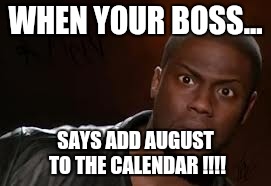 Kevin Hart | WHEN YOUR BOSS... SAYS ADD AUGUST TO THE CALENDAR !!!! | image tagged in memes,kevin hart the hell | made w/ Imgflip meme maker