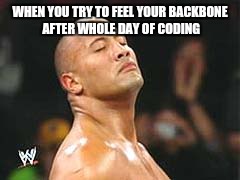 The Rock Smelling | WHEN YOU TRY TO FEEL YOUR BACKBONE AFTER WHOLE DAY OF CODING | image tagged in the rock smelling | made w/ Imgflip meme maker