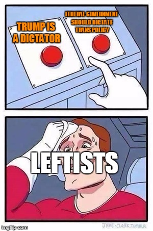 Two Buttons Meme | FEDERAL GOVERNMENT SHOULD DICTATE TRANS POLICY; TRUMP IS A DICTATOR; LEFTISTS | image tagged in two buttons | made w/ Imgflip meme maker
