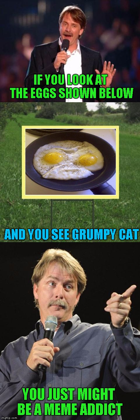 Can't deny it, he's there!!! |  IF YOU LOOK AT THE EGGS SHOWN BELOW; AND YOU SEE GRUMPY CAT; YOU JUST MIGHT BE A MEME ADDICT | image tagged in jeff foxworthy front yard sign,funny,you might be a meme addict,memes,grumpy cat eggs,grumpy cat | made w/ Imgflip meme maker