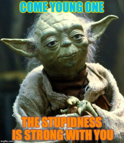 Star Wars Yoda | COME YOUNG ONE; THE STUPIDNESS IS STRONG WITH YOU | image tagged in memes,star wars yoda | made w/ Imgflip meme maker