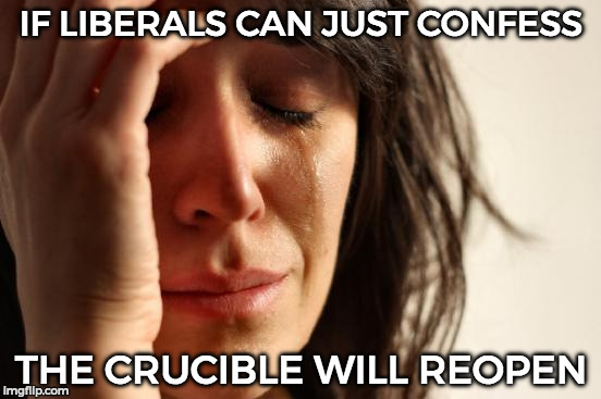 Just watched it today thought it would be a meme. | IF LIBERALS CAN JUST CONFESS; THE CRUCIBLE WILL REOPEN | image tagged in memes,first world problems | made w/ Imgflip meme maker