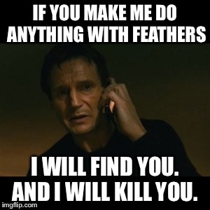 Liam Neeson Taken Meme | IF YOU MAKE ME DO ANYTHING WITH FEATHERS; I WILL FIND YOU. AND I WILL KILL YOU. | image tagged in memes,liam neeson taken | made w/ Imgflip meme maker