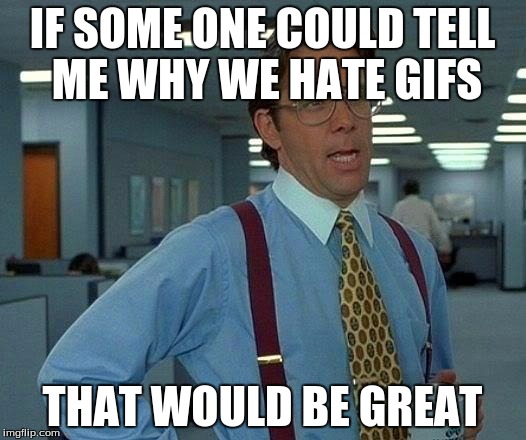 That Would Be Great | IF SOME ONE COULD TELL ME WHY WE HATE GIFS; THAT WOULD BE GREAT | image tagged in memes,that would be great | made w/ Imgflip meme maker