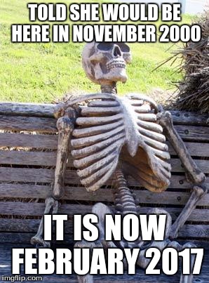 Waiting Skeleton | TOLD SHE WOULD BE HERE IN NOVEMBER 2000; IT IS NOW FEBRUARY 2017 | image tagged in memes,waiting skeleton | made w/ Imgflip meme maker
