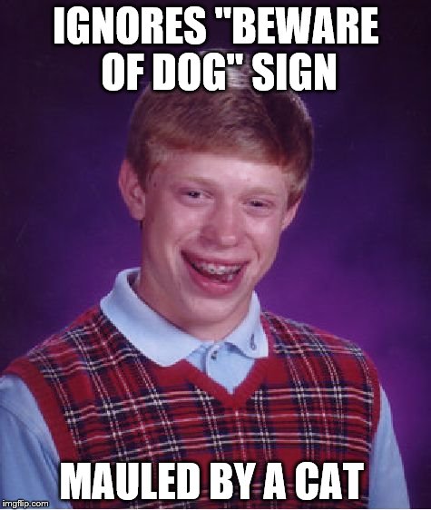 Bad Luck Brian Meme | IGNORES "BEWARE OF DOG" SIGN; MAULED BY A CAT | image tagged in memes,bad luck brian | made w/ Imgflip meme maker