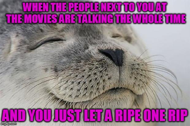 Satisfied Seal | WHEN THE PEOPLE NEXT TO YOU AT THE MOVIES ARE TALKING THE WHOLE TIME; AND YOU JUST LET A RIPE ONE RIP | image tagged in memes,satisfied seal | made w/ Imgflip meme maker