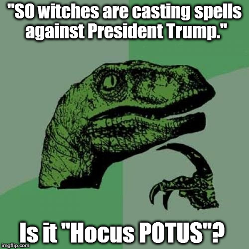 Philosoraptor | "SO witches are casting spells against President Trump."; Is it "Hocus POTUS"? | image tagged in memes,philosoraptor | made w/ Imgflip meme maker