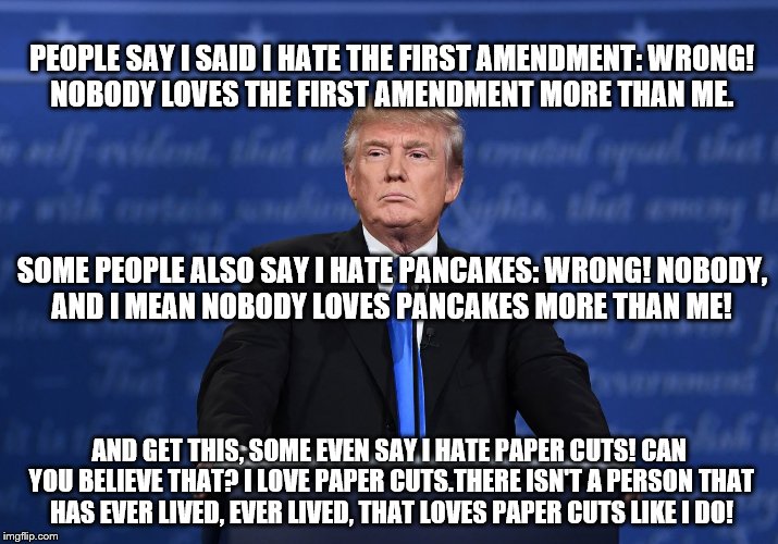 Trump loves everything  |  PEOPLE SAY I SAID I HATE THE FIRST AMENDMENT: WRONG! NOBODY LOVES THE FIRST AMENDMENT MORE THAN ME. SOME PEOPLE ALSO SAY I HATE PANCAKES: WRONG! NOBODY, AND I MEAN NOBODY LOVES PANCAKES MORE THAN ME! AND GET THIS, SOME EVEN SAY I HATE PAPER CUTS! CAN YOU BELIEVE THAT? I LOVE PAPER CUTS.THERE ISN'T A PERSON THAT HAS EVER LIVED, EVER LIVED, THAT LOVES PAPER CUTS LIKE I DO! | image tagged in donald trump,loves,crazy | made w/ Imgflip meme maker