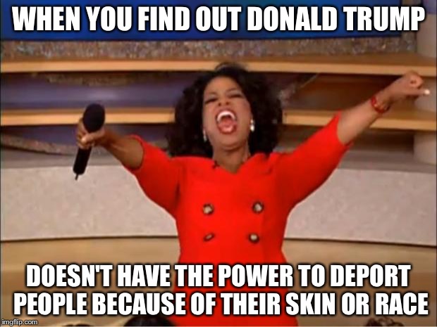 Oprah You Get A | WHEN YOU FIND OUT DONALD TRUMP; DOESN'T HAVE THE POWER TO DEPORT PEOPLE BECAUSE OF THEIR SKIN OR RACE | image tagged in memes,oprah you get a | made w/ Imgflip meme maker