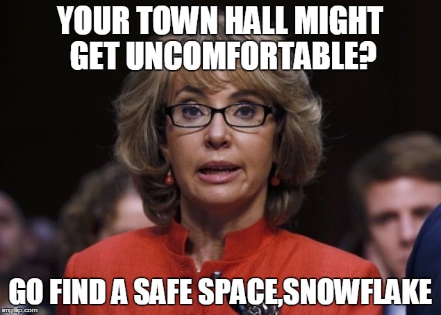 gabby giffords | YOUR TOWN HALL MIGHT GET UNCOMFORTABLE? GO FIND A SAFE SPACE,SNOWFLAKE | image tagged in gabby giffords | made w/ Imgflip meme maker