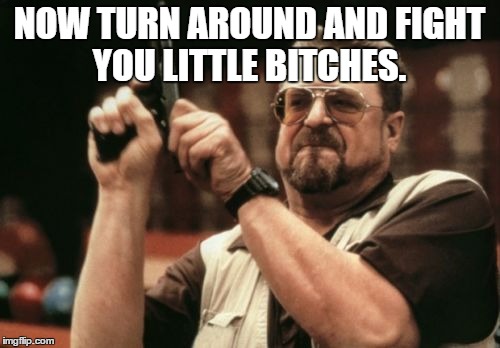 NOW TURN AROUND AND FIGHT YOU LITTLE B**CHES. | image tagged in memes,am i the only one around here | made w/ Imgflip meme maker