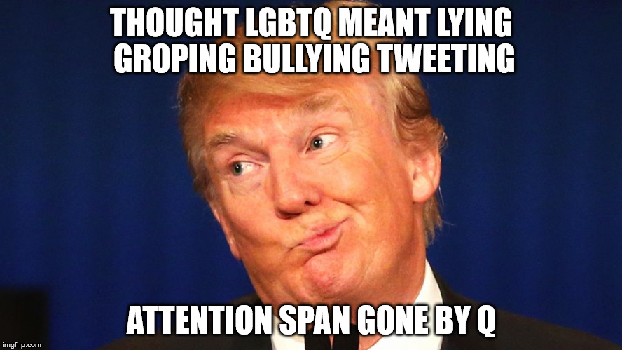 THOUGHT LGBTQ MEANT LYING GROPING BULLYING TWEETING; ATTENTION SPAN GONE BY Q | image tagged in trump lgbtq | made w/ Imgflip meme maker