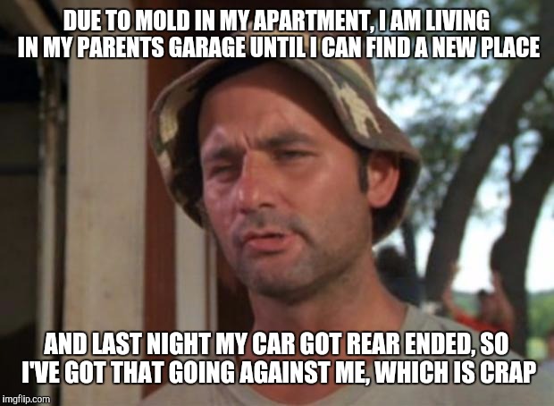 I know things could be worse, but... | DUE TO MOLD IN MY APARTMENT, I AM LIVING IN MY PARENTS GARAGE UNTIL I CAN FIND A NEW PLACE; AND LAST NIGHT MY CAR GOT REAR ENDED, SO I'VE GOT THAT GOING AGAINST ME, WHICH IS CRAP | image tagged in memes,so i got that goin for me which is nice | made w/ Imgflip meme maker