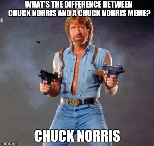 Chuck Norris Guns | WHAT'S THE DIFFERENCE BETWEEN CHUCK NORRIS AND A CHUCK NORRIS MEME? CHUCK NORRIS | image tagged in memes,chuck norris guns,chuck norris | made w/ Imgflip meme maker