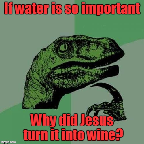 I guess wine is more important | If water is so important; Why did Jesus turn it into wine? | image tagged in memes,philosoraptor,trhtimmy | made w/ Imgflip meme maker