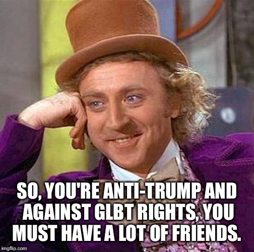 accept it | SO, YOU'RE ANTI-TRUMP AND AGAINST GLBT RIGHTS, YOU MUST HAVE A LOT OF FRIENDS. | image tagged in memes,creepy condescending wonka | made w/ Imgflip meme maker