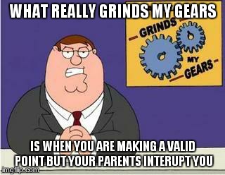 You know what grinds my gears | WHAT REALLY GRINDS MY GEARS; IS WHEN YOU ARE MAKING A VALID POINT BUT YOUR PARENTS INTERUPT YOU | image tagged in you know what grinds my gears | made w/ Imgflip meme maker