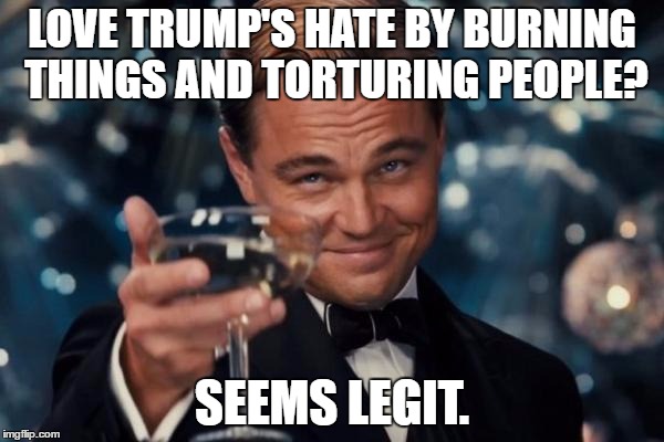 Leonardo Dicaprio Cheers Meme |  LOVE TRUMP'S HATE BY BURNING THINGS AND TORTURING PEOPLE? SEEMS LEGIT. | image tagged in memes,leonardo dicaprio cheers | made w/ Imgflip meme maker