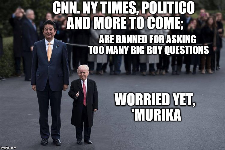 Fake news, really trump | CNN. NY TIMES, POLITICO AND MORE TO COME;; ARE BANNED FOR ASKING TOO MANY BIG BOY QUESTIONS; WORRIED YET, 'MURIKA | image tagged in tiny trump | made w/ Imgflip meme maker