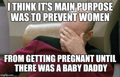 Captain Picard Facepalm Meme | I THINK IT'S MAIN PURPOSE WAS TO PREVENT WOMEN FROM GETTING PREGNANT UNTIL THERE WAS A BABY DADDY | image tagged in memes,captain picard facepalm | made w/ Imgflip meme maker