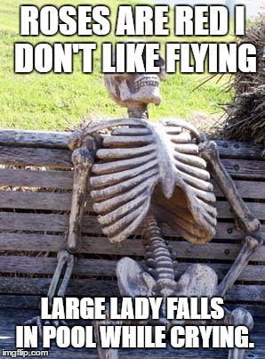 Roses are red meme | ROSES ARE RED
I DON'T LIKE FLYING; LARGE LADY FALLS IN POOL WHILE CRYING. | image tagged in memes,waiting skeleton | made w/ Imgflip meme maker