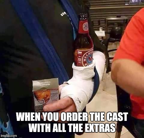Casting...... | WHEN YOU ORDER THE CAST WITH ALL THE EXTRAS | image tagged in cast,cold beer,cup holder | made w/ Imgflip meme maker