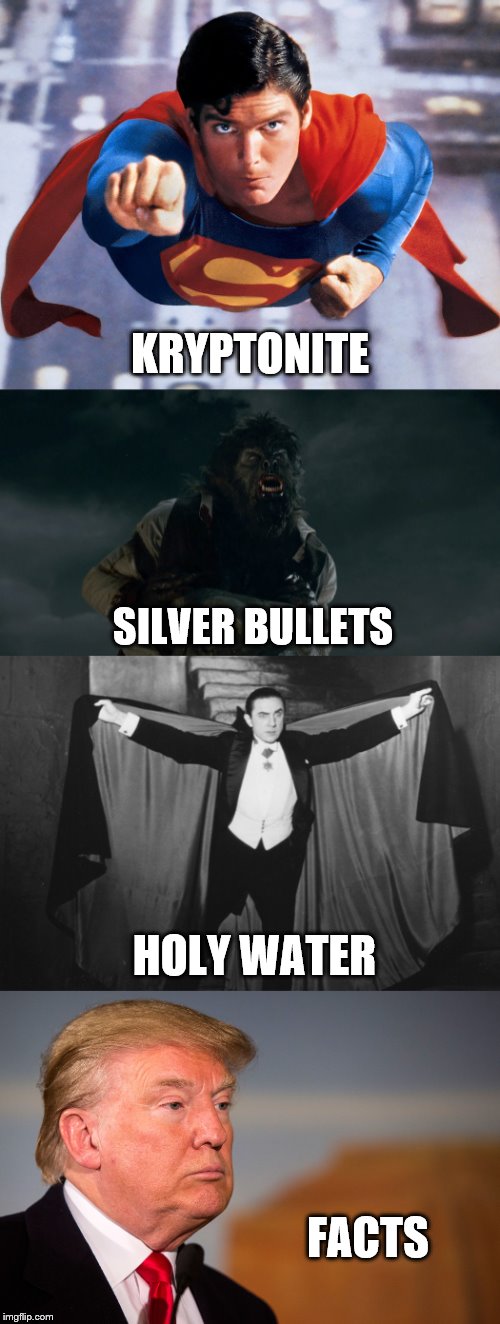 We All Have Our Weak Spots. | KRYPTONITE; SILVER BULLETS; HOLY WATER; FACTS | image tagged in donald trump,kryptonite,silver bullets,holy water,facts | made w/ Imgflip meme maker
