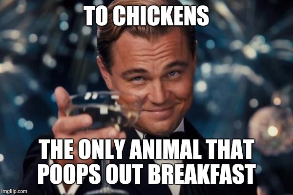 Leonardo Dicaprio Cheers | TO CHICKENS; THE ONLY ANIMAL THAT POOPS OUT BREAKFAST | image tagged in memes,leonardo dicaprio cheers | made w/ Imgflip meme maker