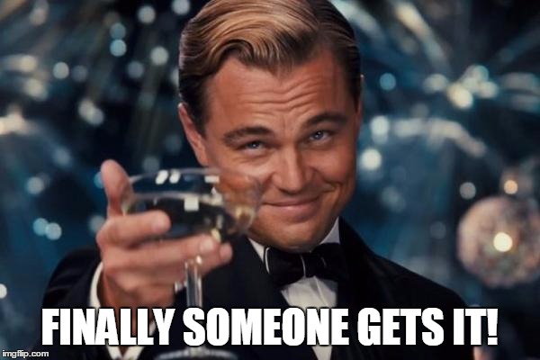 Leonardo Dicaprio Cheers Meme | FINALLY SOMEONE GETS IT! | image tagged in memes,leonardo dicaprio cheers | made w/ Imgflip meme maker