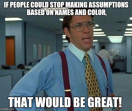 That Would Be Great Meme | IF PEOPLE COULD STOP MAKING ASSUMPTIONS BASED ON NAMES AND COLOR, THAT WOULD BE GREAT! | image tagged in memes,that would be great | made w/ Imgflip meme maker