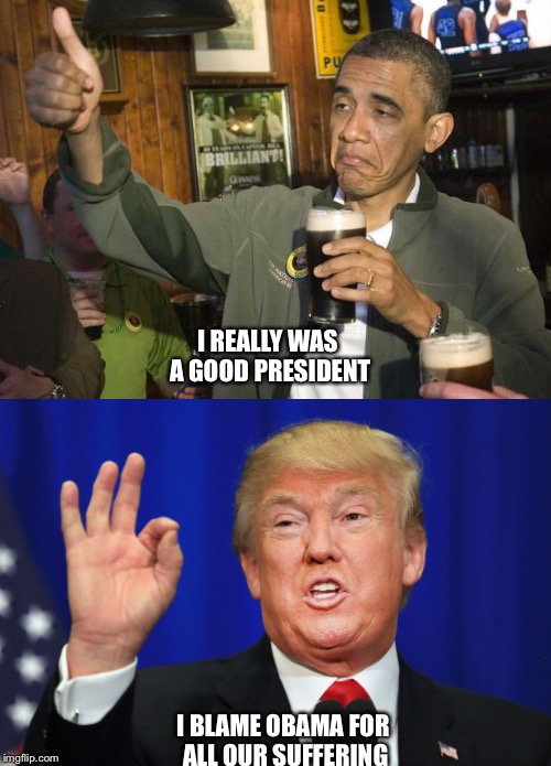 I'm not to blame | I REALLY WAS A GOOD PRESIDENT; I BLAME OBAMA FOR ALL OUR SUFFERING | image tagged in obama and trump | made w/ Imgflip meme maker